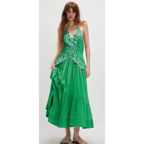 Free People Green Valenciana Midi Dress Embroidered Halter Size XS - Picture 1 of 12